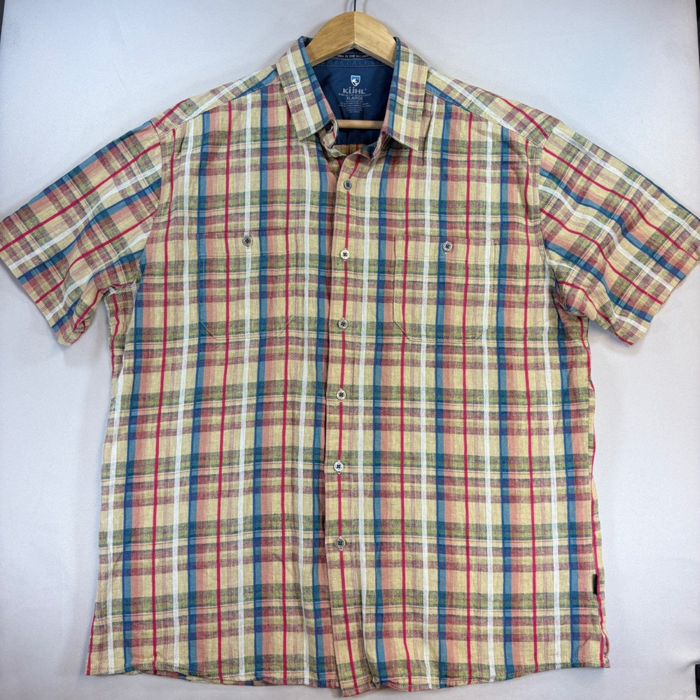 Kuhl Skorpio Shirt Mens XL Plaid Linen Cotton UPF 15 Hiking Outdoor Gorpcore